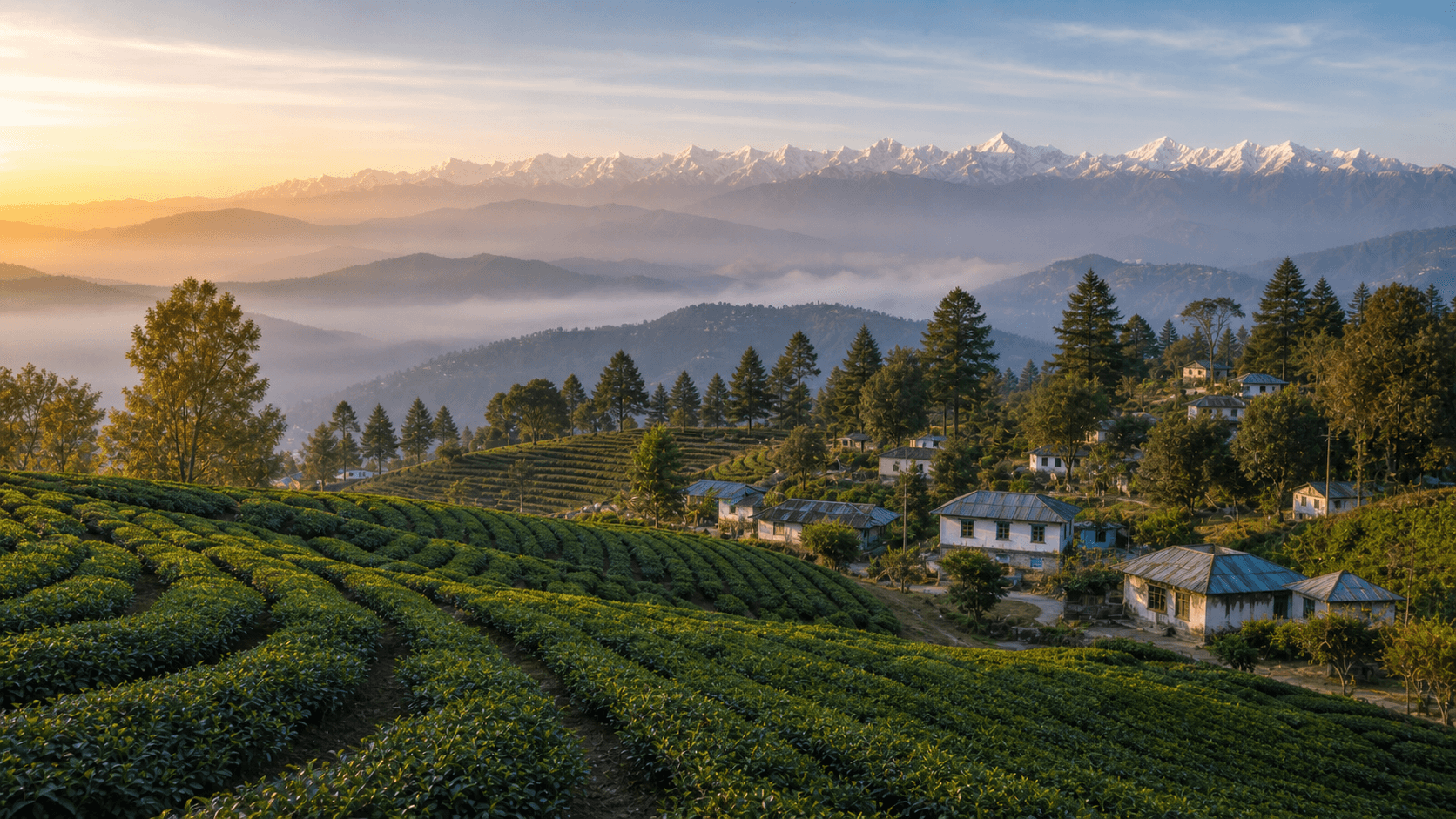 Kausani tea gardens at sunrise with Himalayan snow peaks in the distance
